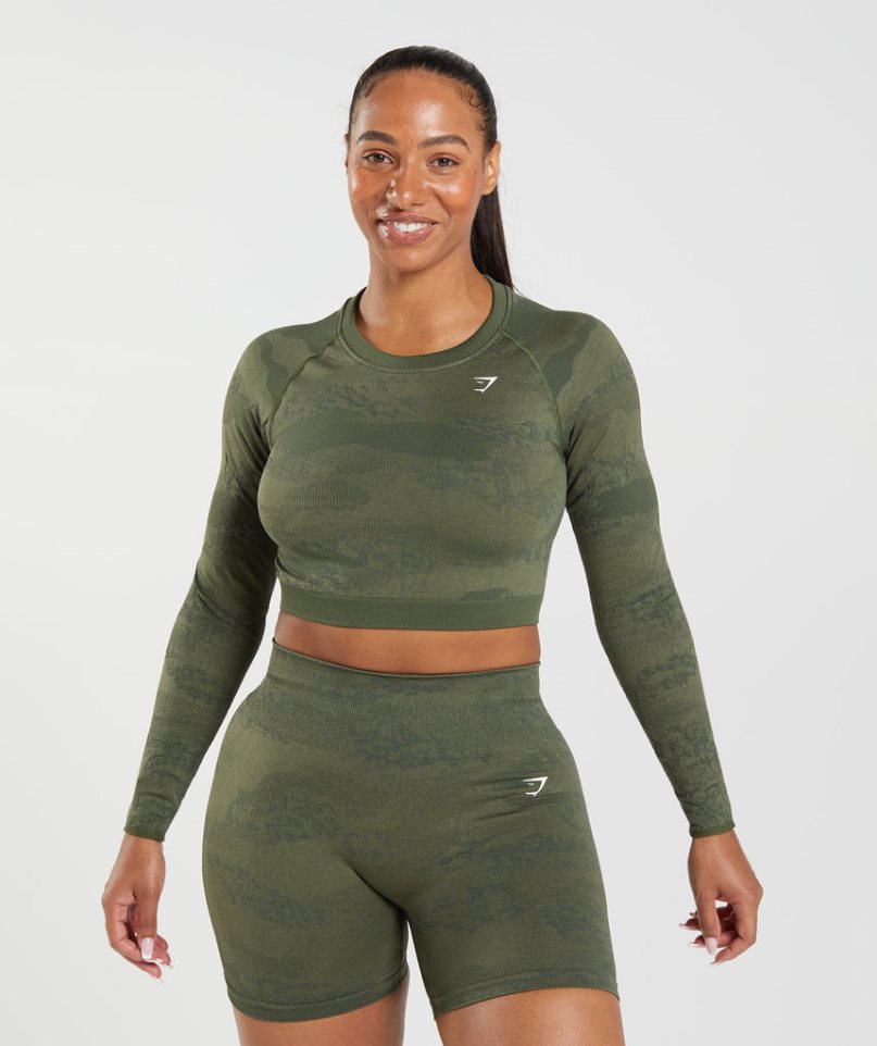 Women's Gymshark Adapt Camo Seamless Lace Up Back Top T-Shirts Olive | NZ 4YZVPT